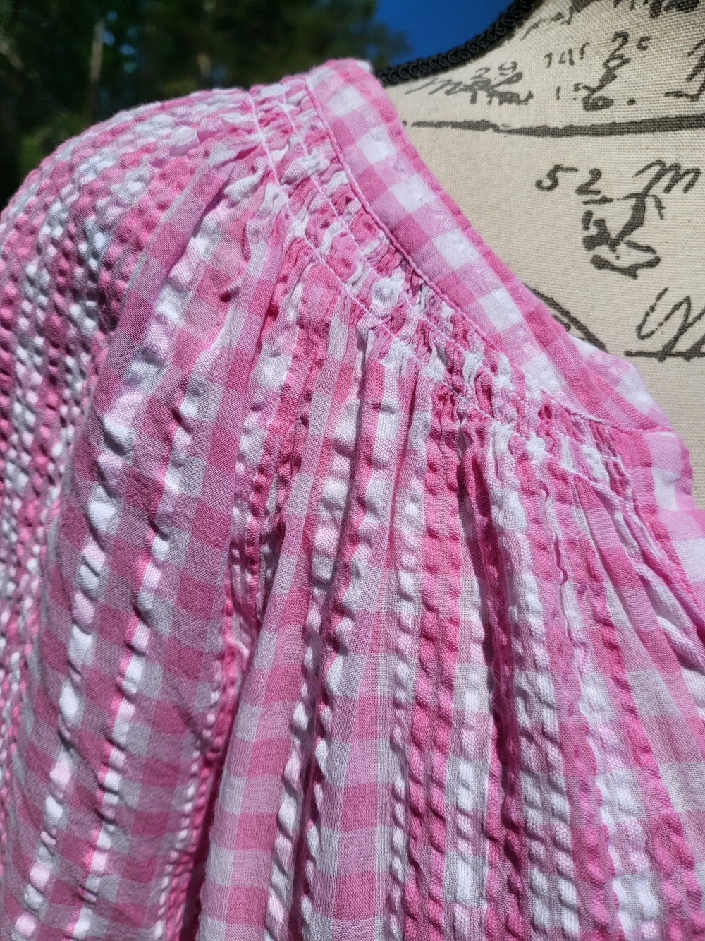 Crown & Ivy 2X Pink White Gingham Textured Cotton Blouse Puff Sleeve Top - Picture 4 of 6